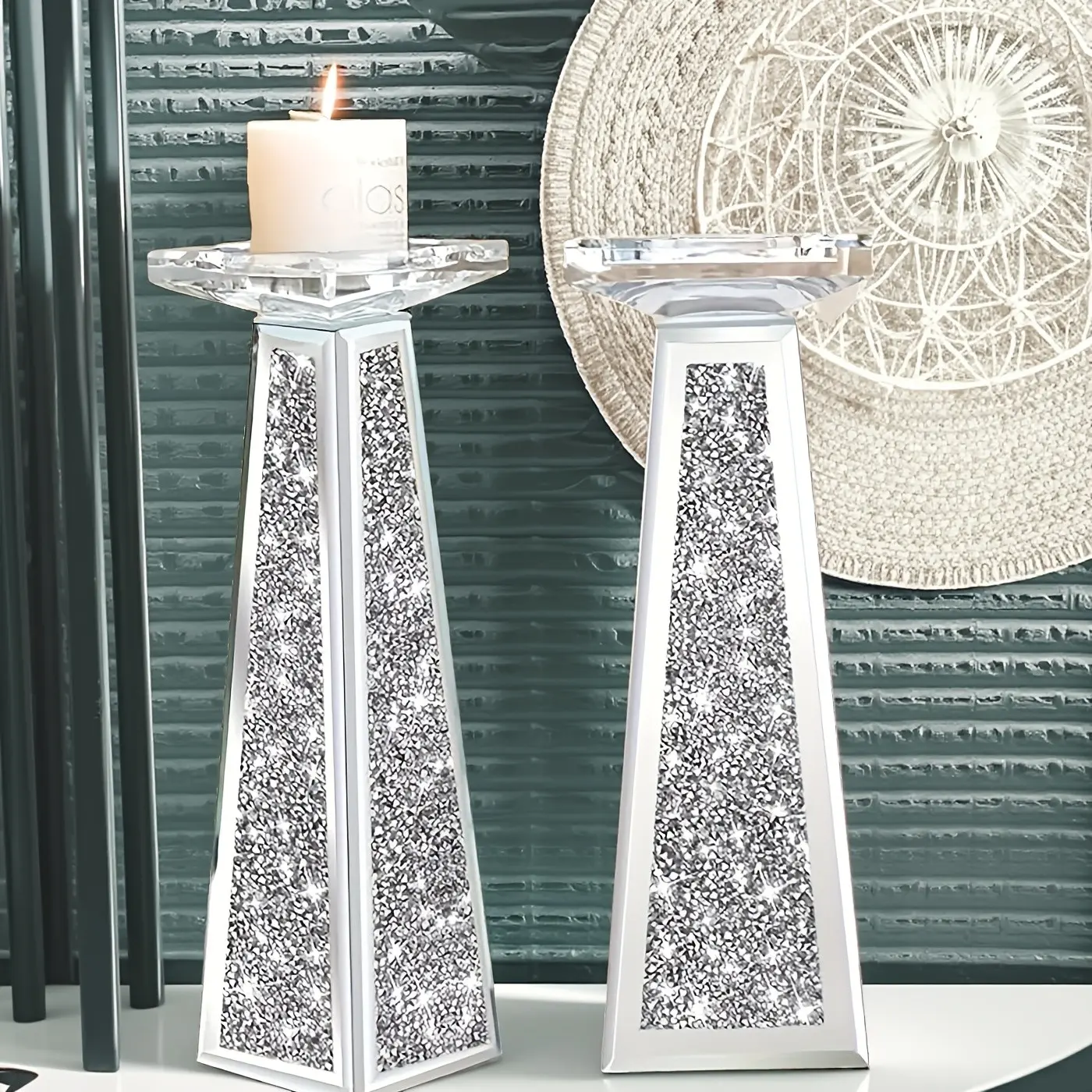 2 Piece Candle Holder Set, Taper Candle Holders, Candle Holder Centerpieces, Crystal Rhinestone Candle Holders, Silver Color Glass Wish Lanterns, Table Centerpiece Decor Home Decoration for Dining Room
