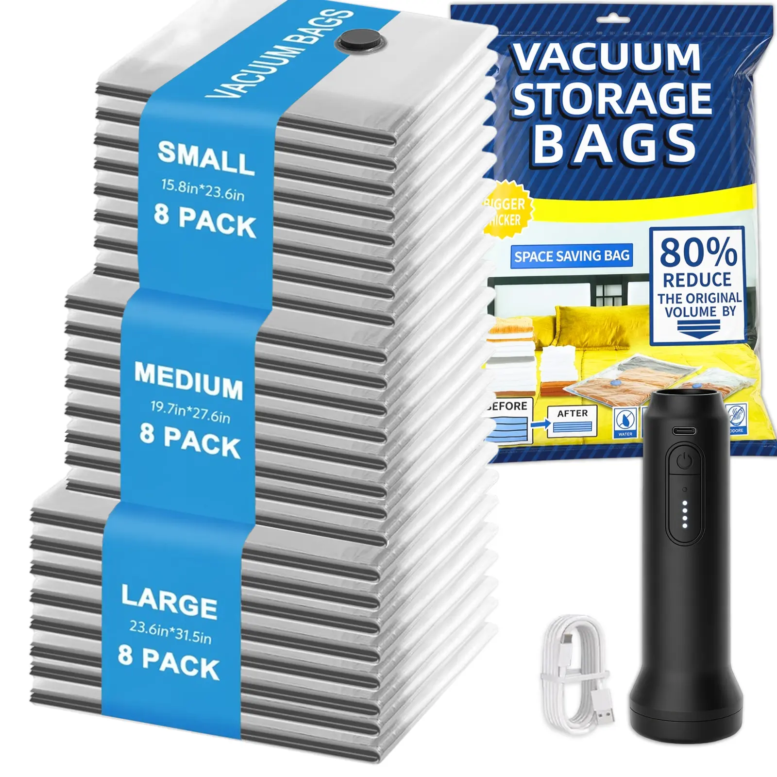 24 Pack 3 Sizes Space Saver Vacuum Storage Bags Compression Bags Cordless Travel Waterproof Reusable Clothes Storage Usb Rechargeable Handheld Pump 80μm Thick Double Zipper Save 80% Space For Luggage Comforters