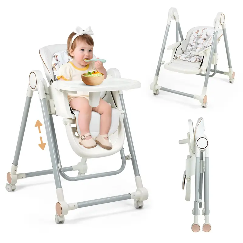 Plastic 2-in-1 Baby High Chair & Swing Chair for 0-6 Years, Adjustable with 360° Rotation, Foldable Design, Quick Assembly, Locking Wheels, Double Trays, Detachable PU Cushion, Portable Baby Furniture