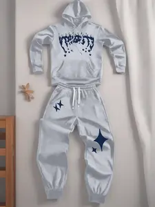 Men's stylish hoodie and pants set, featuring a trendy American street style with lightning star print, fashionable and casual, made with slight stretch and delicate pockets.Men's Clothing Men's Apparel