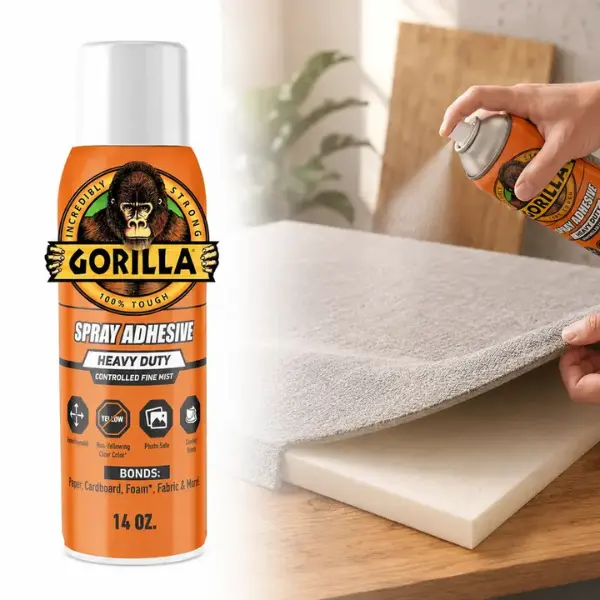 Gorilla 14 oz. Spray Adhesive,heavy duty,permanent bond,repositionable,clear finish,non-yellowing,moisture resistant,indoor outdoor,photo safe,controlled spray,wide pad nozzle,paintable,sandable,paper,cardboard,foam,fabric,wood,plastic,metal,glass,leather