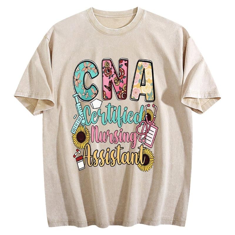 Women's CNA Certified Nursing Assistant Oversized Short Sleeve Crew Neck Top - Vintage Acid Wash Floral Nurse Graphic, Breathable Fabric, Casual Garment