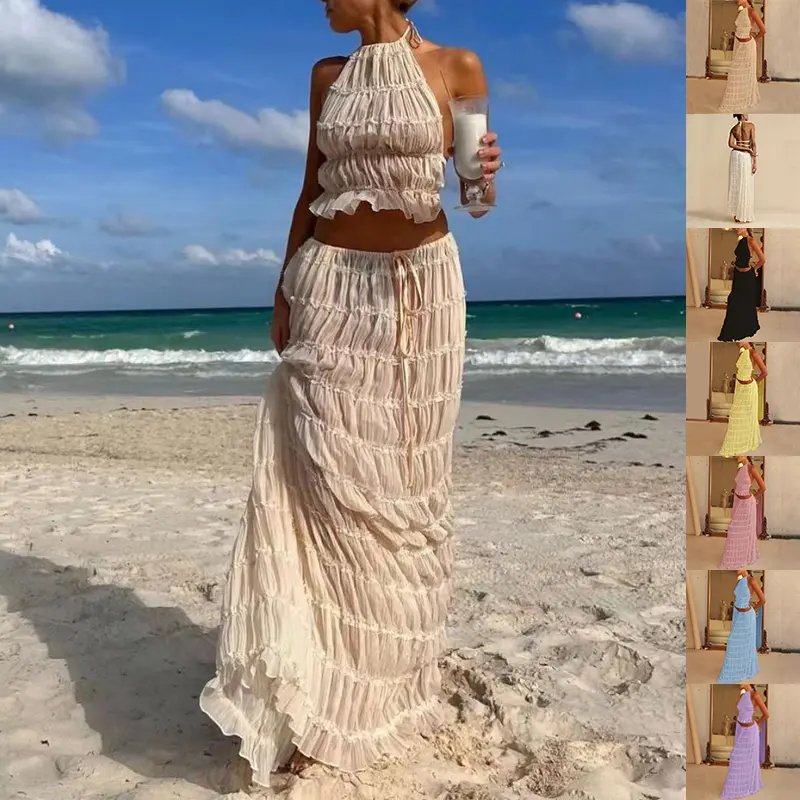 Women's 2-Piece Polyester Dress Suit - Halter Neck, Sleeveless, Backless Cropped Top, High Waist Oversized Pleated Long Skirt, Beach Clothing