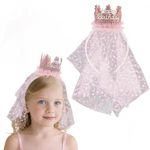 Birthday Party Crown Headband with Sparkling Sheer Veil, Happy Birthday Decoration, Party Hair Accessory, Perfect for Princess Parties