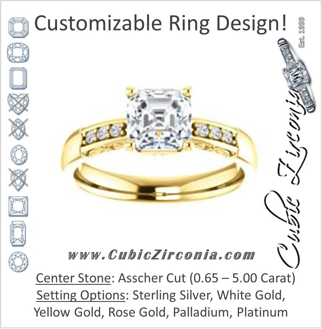 Cubic Zirconia Engagement Ring- The Migdala (Customizable 7-stone Asscher Cut Design with Round Channel Accents & Decorative Filigree)