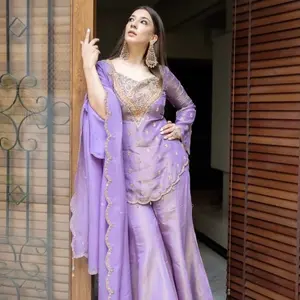 Elegant Shimmer Silk Embroidery Work Short Top and Plazzo with Dupatta for Women Wear in Rich Pink in size L 40