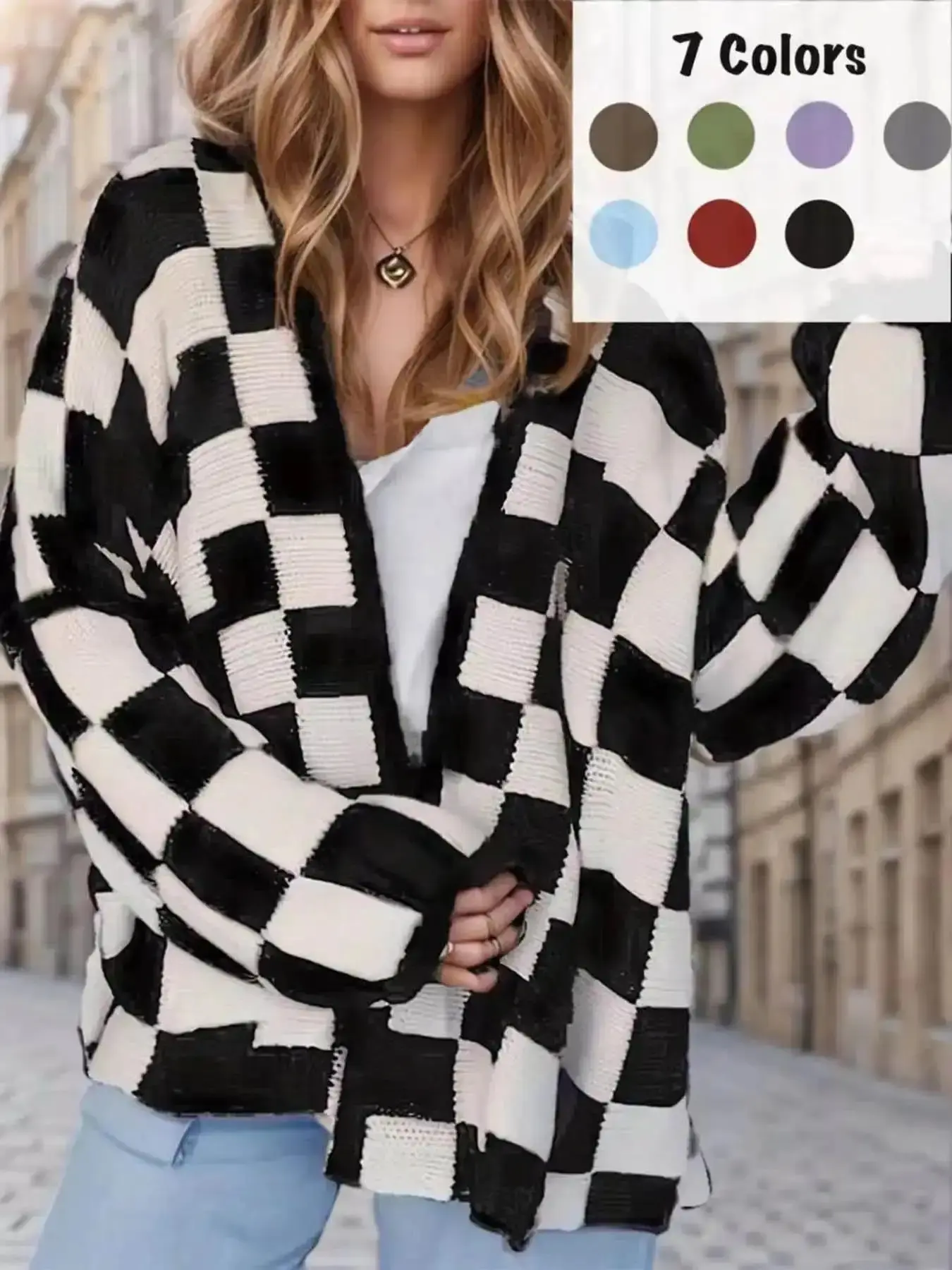 Women's Checkerboard Print Plaid Drop Shoulder Knitted Cardigan, Casual Fit Long Sleeve Open Front Knitwear for Fall & Winter, Knit Clothing Daily Wear, Sweater, Fashion Womenswear trending now outerwear chic look