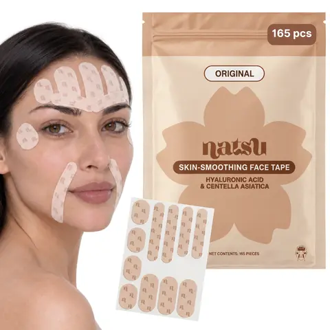 Cotton Face Tape - 165 Pre-Cut - Hyaluronic Acid & Centella Asiatica Cica - Overnight Wrinkle Smoothing for Forehead, Smile Lines, Frown Lines - Hypoallergenic, Latex-Free, Sensitive Skin Friendly