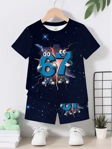 Boys' Blue All-Over Printed Tracksuit Set, Fitted Short Sleeve Top & Trackshorts, Casual Outdoor Wear, 2-Piece Sportswear