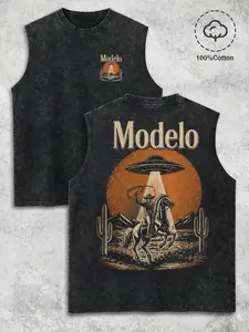 Retro Washed Black Oversized Tank Top, Western Cowboy & UFO Desert Graphic Print, Casual Sleeveless Streetwear for Men & Women, Loose Fit for Outdoor & Daily Wear