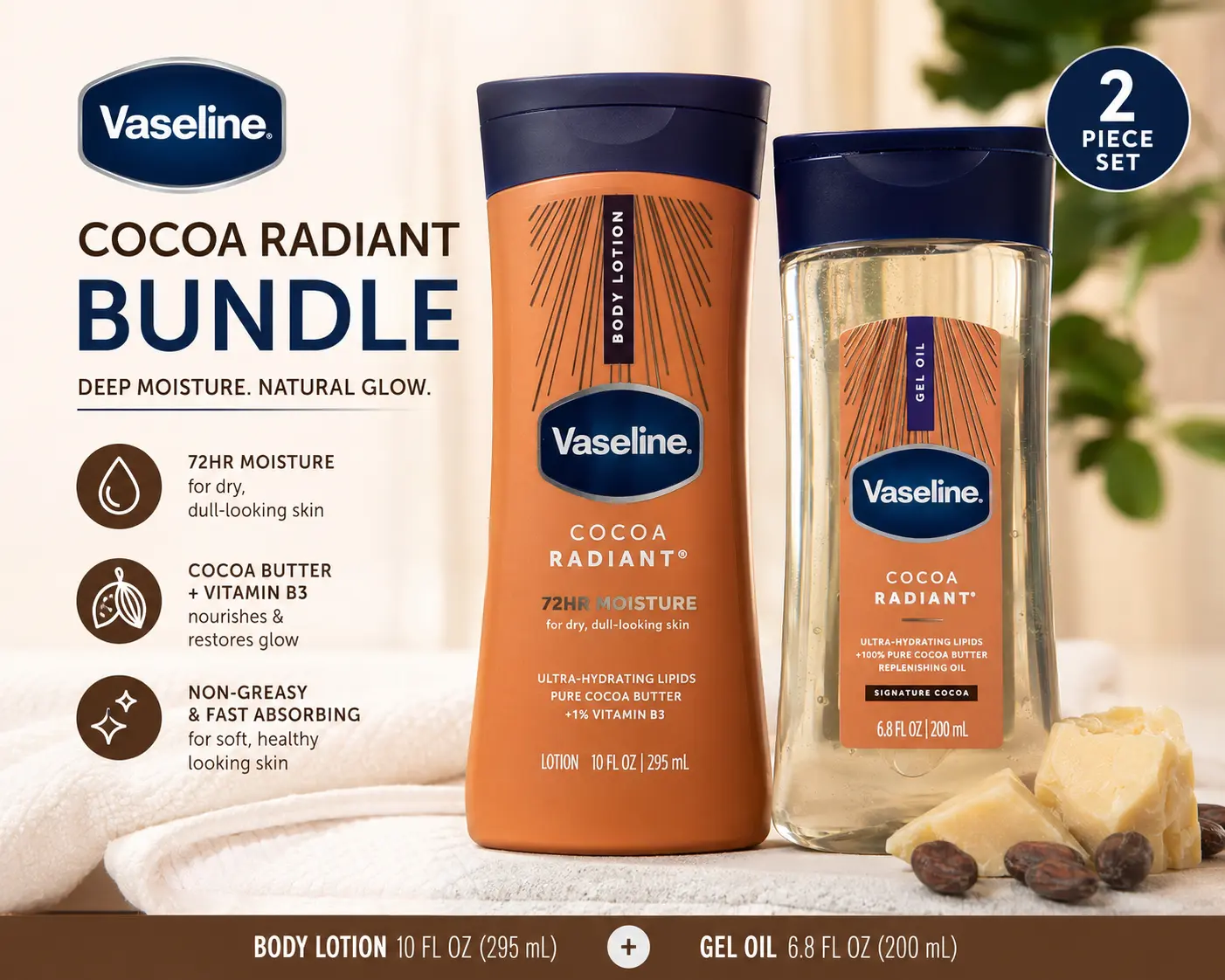Vaseline cocoa radiant cream and body oil set sohochic