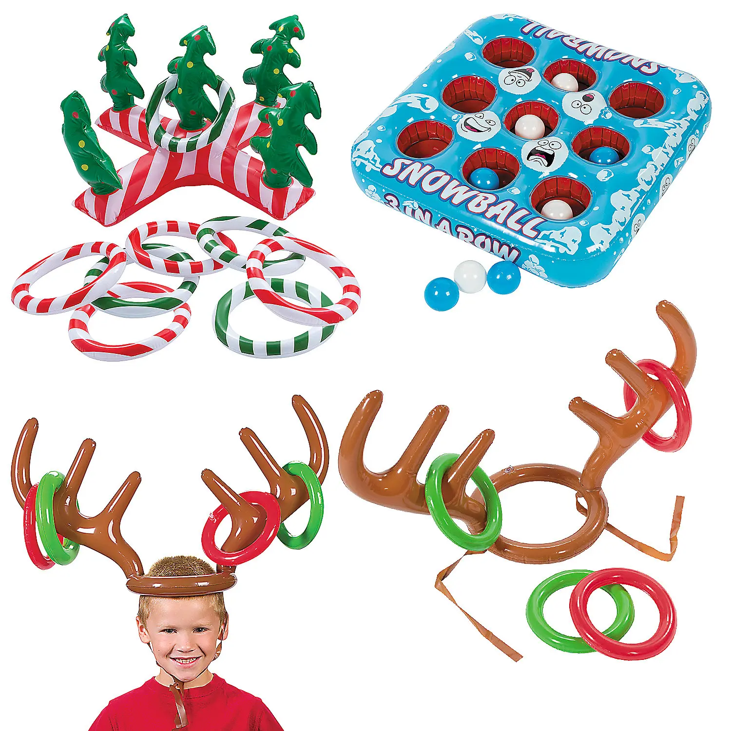 Vinyl Holiday Inflatables Game Set - 3 Assorted Christmas Party Games for Families, Includes Reindeer Ring Toss with 15" Antler, Kiddie Inflatable, Multi Purpose Inflatable