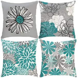 Modern Floral Pillow Covers Set of 4, Blue Color Block Design, Zipper Closure, Polyester Material, Winter Home Decor
