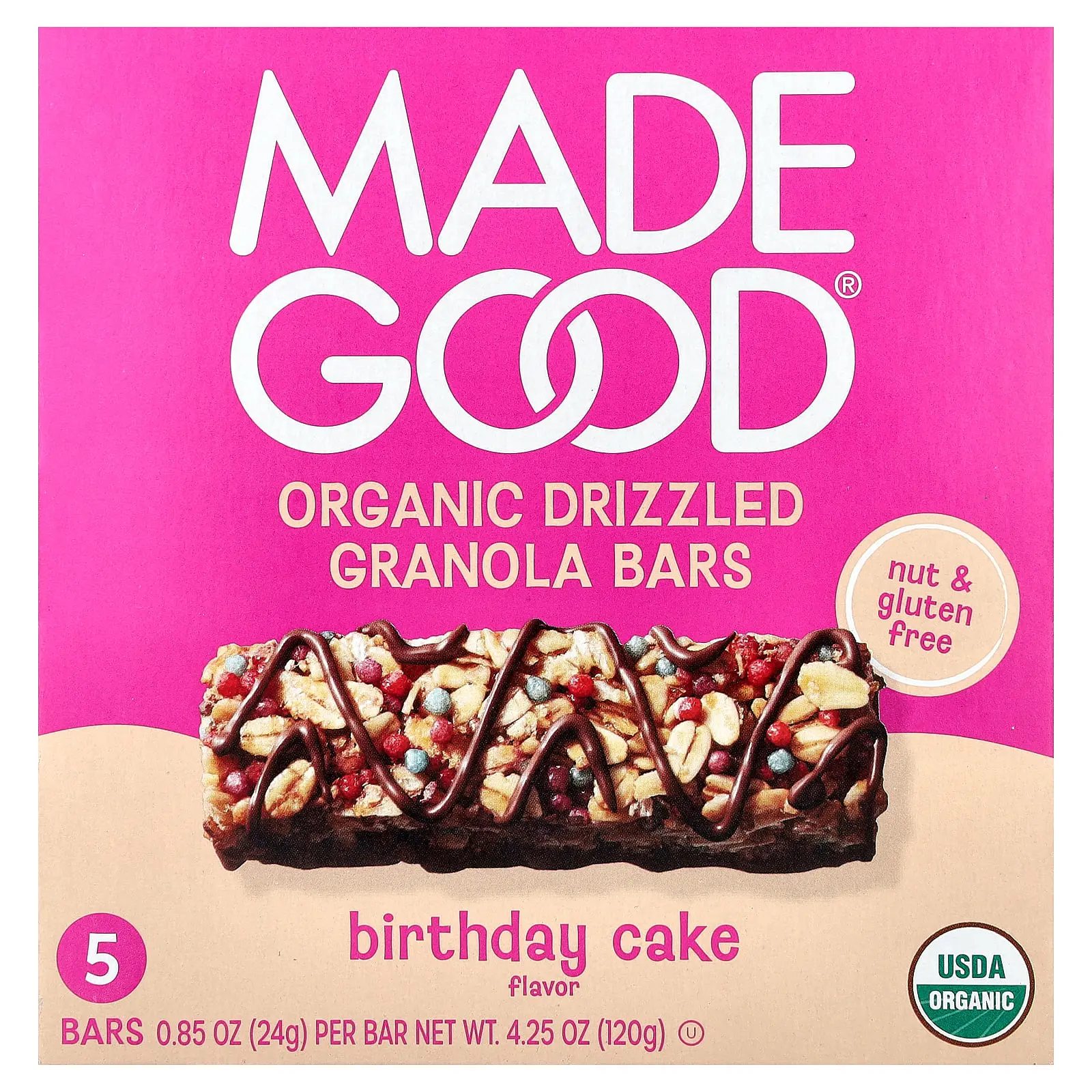 MadeGood Granola Bars, Organic Drizzled, Birthday Cake, 5 Bars, 0.85 oz (24 g) Each