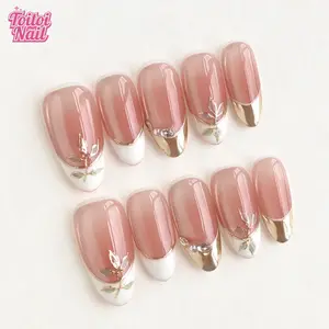 Gold Leaf Handmade Press-On Nails, Pressed On Nails, Medium Oval Shape, 10pcs, Soft Gold Leaf Design, Sheer Pink Gradient & Gold/Silver French Edge & Pearl Accents, Reusable DIY Nail Kit for Women, Trendy Nails for Spring, Summer, Dates & Daily