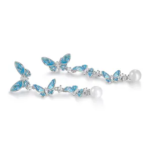 Jeulia "Charming Dance" Butterfly Pearl Sterling Silver Drop Earrings