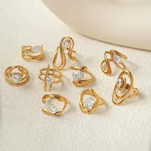 Statement Stainless Steel Delicate Shiny Cubic Zirconia Ring For Women High Quality 18K Gold PVD Plated Finger Jewelry Gift Gold-Plated Striped Couple Stacking Minimalist