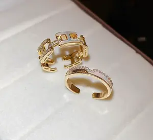 Women's 2-Piece Stackable Open Rings Set - Gold-Tone, Shell-Inlaid, Letter Chain CZ Statement Costume Jewelry