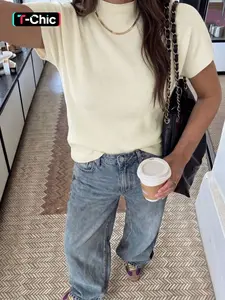 Women's Stand Collar Plain Loose Fit Casual Short Sleeve Summer Lightweight Knitwear Knit Pullover Top, Comfortable Everyday Wear, Fashion New 2026, French Elegance