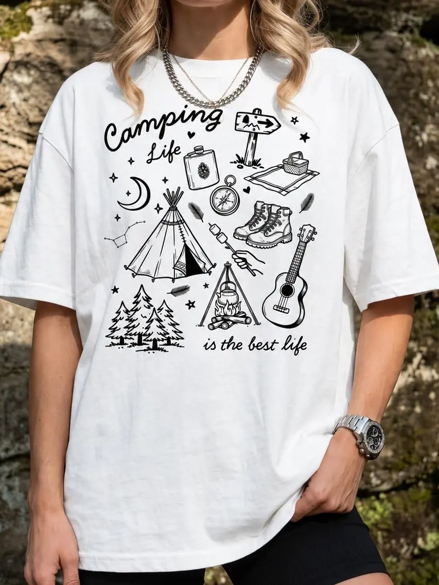 Womenswear Women's Camping Hiking Lover Graphic T-Shirt, High Street Casual Summer Multi-Color Apparel, Cute Camper Themed Gift Top