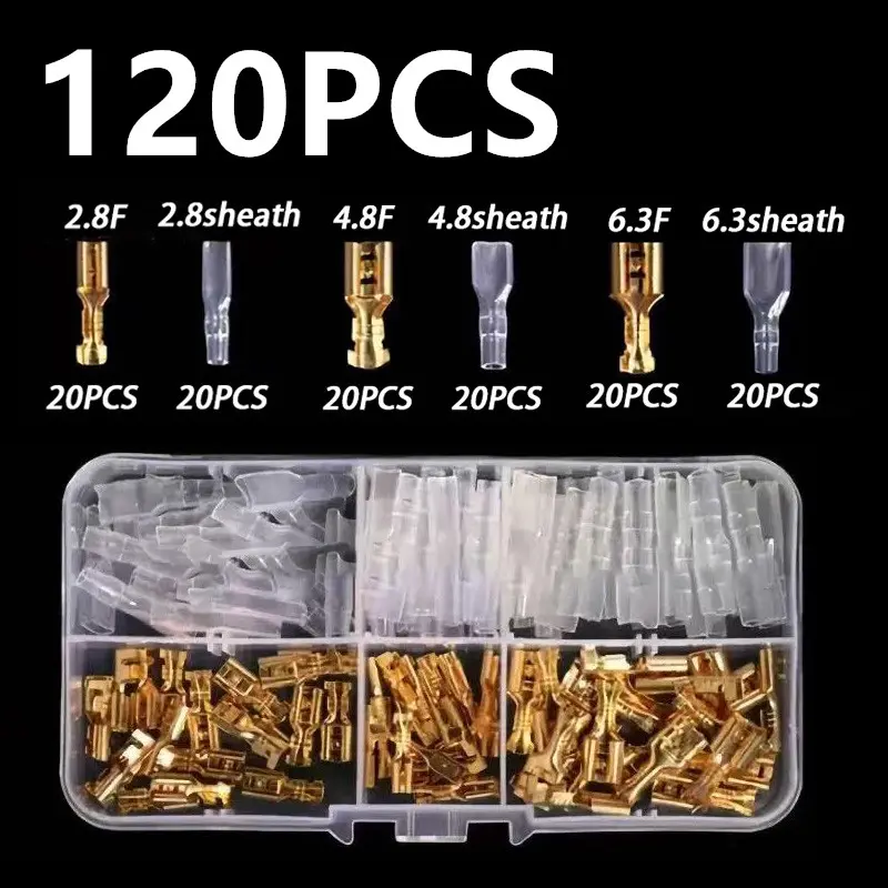Golden Brass Car Speaker Electric Wire Connectors Set, Female Crimp Terminal Connector 6.3mm/4.8mm/2.8mm, (120pcs) with Sheath, Crimping Terminals
