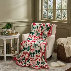 Holiday Printed Flannel Throw Blanket with Border, Soft Cozy Plush Blanket for Sofa, Bed, Living Room, Bedroom, Christmas Decor and Seasonal Gift