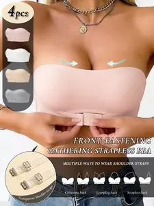4pcs Front Closure Strapless Bra, Seamless Non-Slip Soft Support Push Up Anti-Sagging Side Smoothing Bandeau
