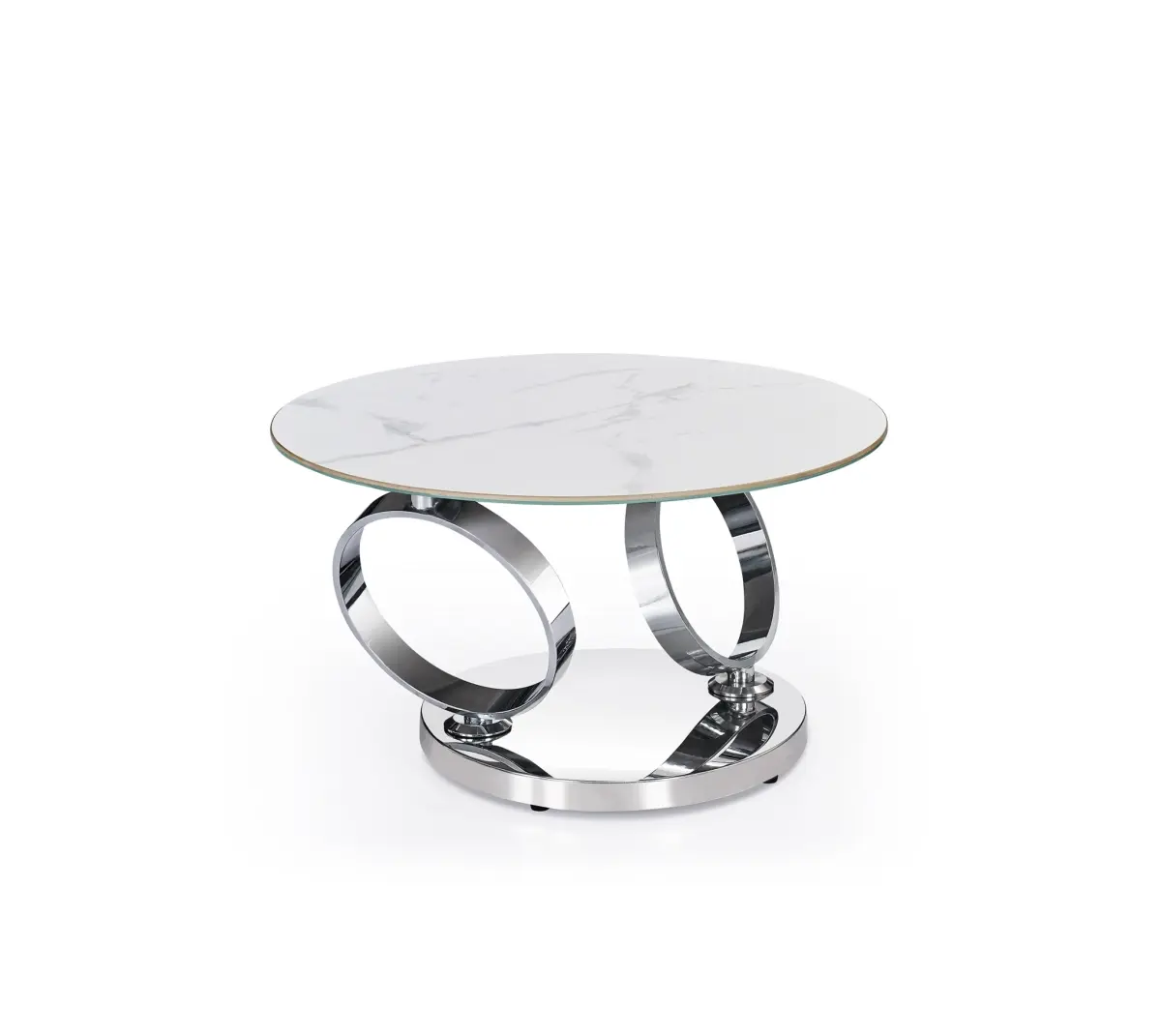 HomeRoots 554292 32" Diameter Round Coffee Table - White & Silver Ceramic Tile-Metal Expandable, Chrome-Tone, Flat-Top, Contemporary, Clean Look, Abstract Base Small Space Living Room Furniture