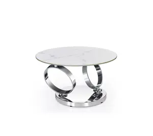 HomeRoots 554292 32 in. White & Silver Ceramic Tile & Metal Round Abstract Coffee Table