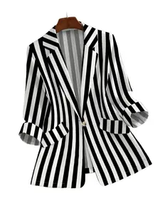 New Spring Summer Fashion Print Striped Seven-Quarter Sleeve Loose Design Suit Jacket, Stylish Women's Outerwear, Trendy Casual Wear Womenswear