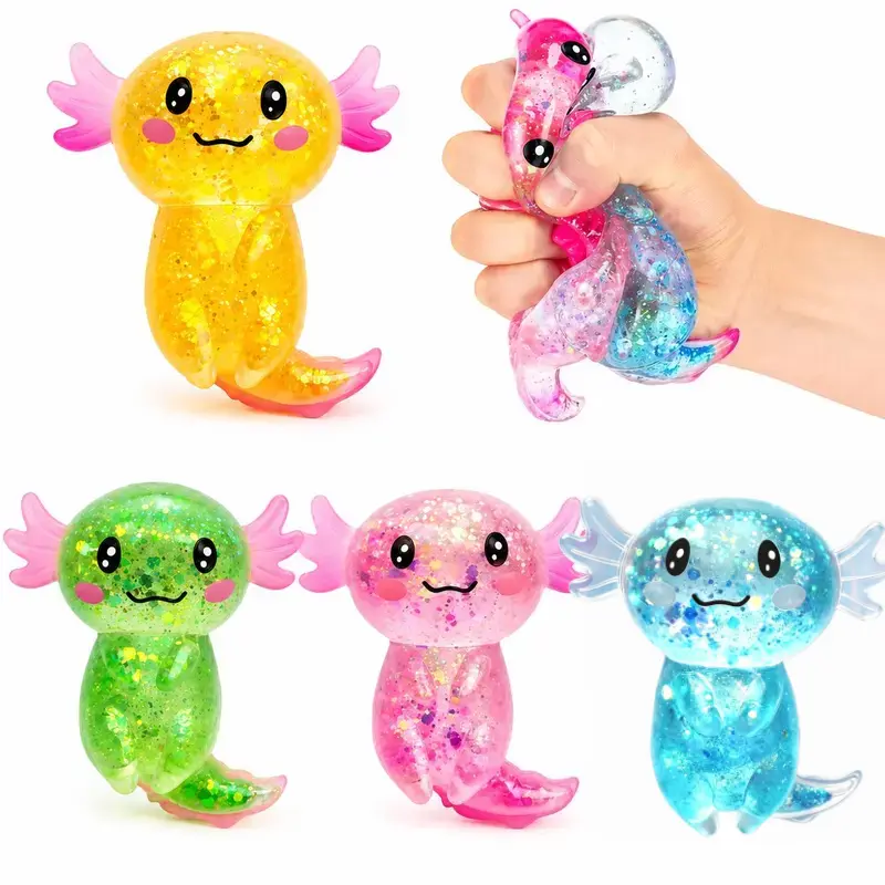 4-Pack Glittering Mexican Axolotl Slow-Rebound Toys - Stress Relief Toys, Slow Rebound, Relieves Anxiety, Suitable for Adults and Children, Salamander Home Decor Toys, Birthday Party Gifts