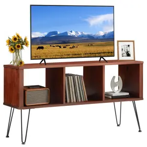 YODOLLA 50" Walnut Mid-Century Modern TV Stand, TV Up to 60 Inch, Detachable Legs, Vertical & Horizontal Storage, Record Holder Shelf for Living Room, Bedroom, Horizontal and Vertical