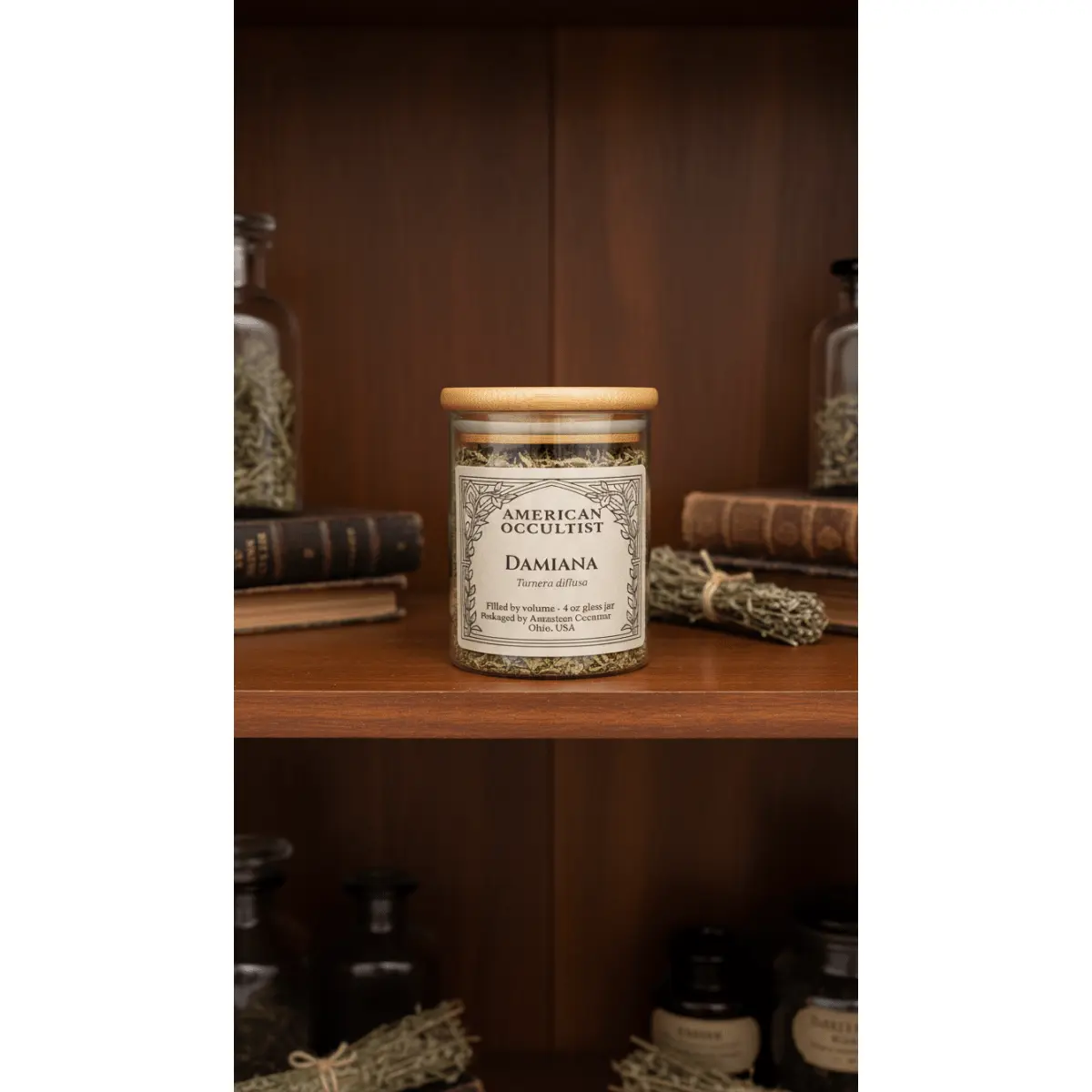 American Occultist Damiana Herb Jar Glass Bottle Canister for Passion Confidence Attraction and Empowerment with Bamboo Lid and Silicone Seal