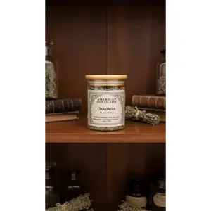 American Occultist Damiana Herb Jar Glass Bottle Canister for Passion Confidence Attraction and Empowerment with Bamboo Lid and Silicone Seal