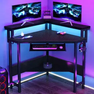 Desk Home Office Computer Desk For Small Space With LED Lights Gaming Table With Storage Shelves Power Outlets Monitor Stand Keyboard Tray For Bedroom