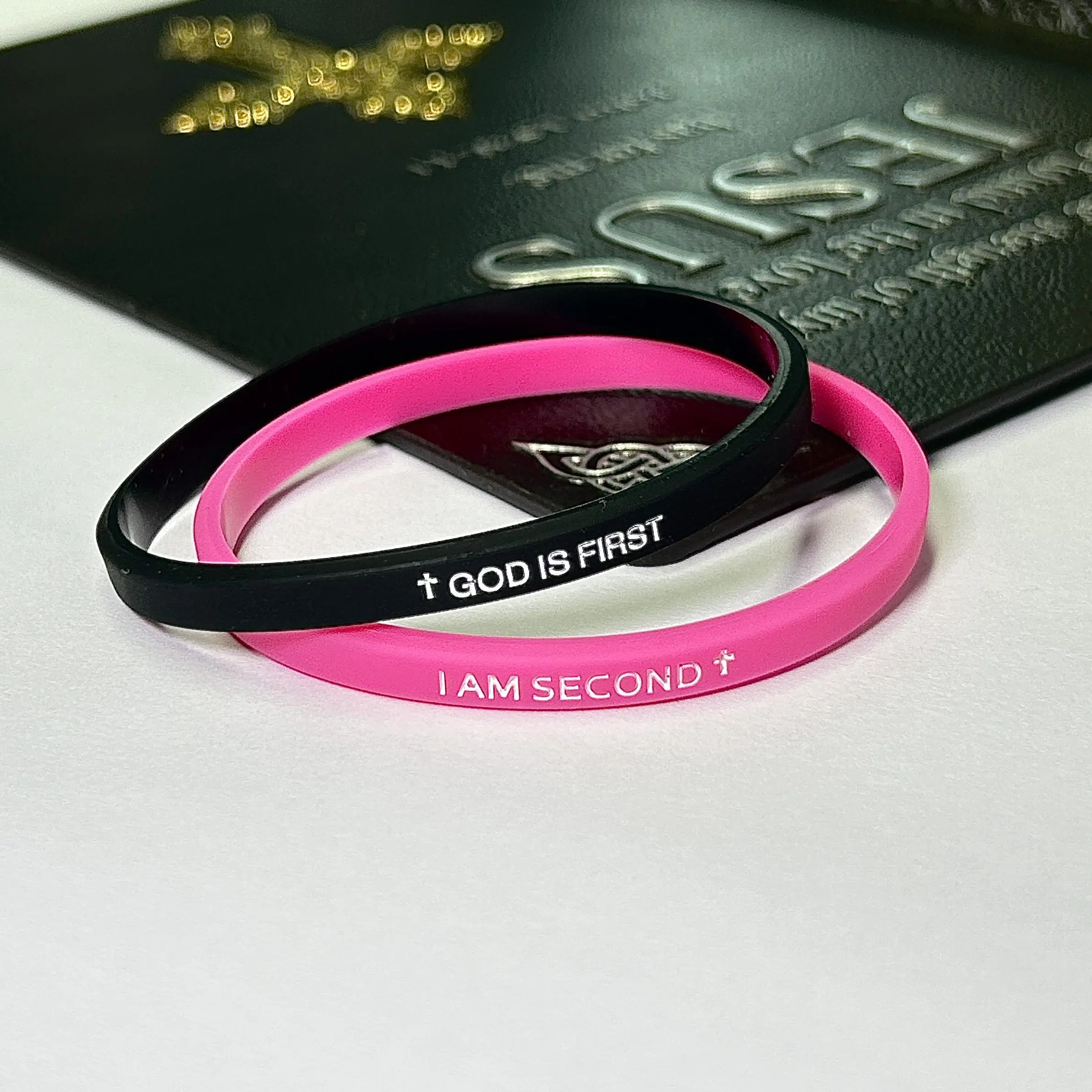 EWOPT Men's Classic Bands Pair Set with "God Is First & I Am Second" Inspirational Quote, Thin Stackable Engraved Fashion Accessories (8in & 10in), Fashion Jewelry Accessories, Engraved Texts, Thin Band, Two Sizes