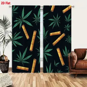2D Flat 2 Piece Cannabis Leaf and Joint Pattern Blackout Curtains, Stylish Green Leaf & Brown Joints Repeating Design for Bedroom Living Room, Light Filtering Privacy Curtains Set