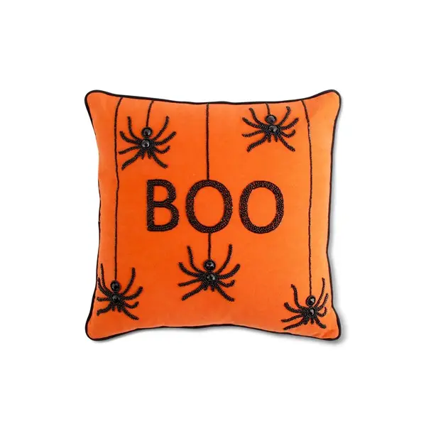 18 Inch Orange Square Beaded BOO Spiders Decorative Pillow