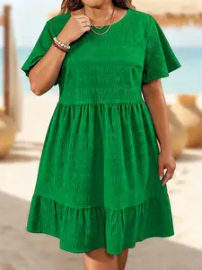 Elegant Women's Plain Round Neck Short Sleeve Dress, Loose Fit Knitted Jacquard Patchwork Design, Fashionable European Style, Casual