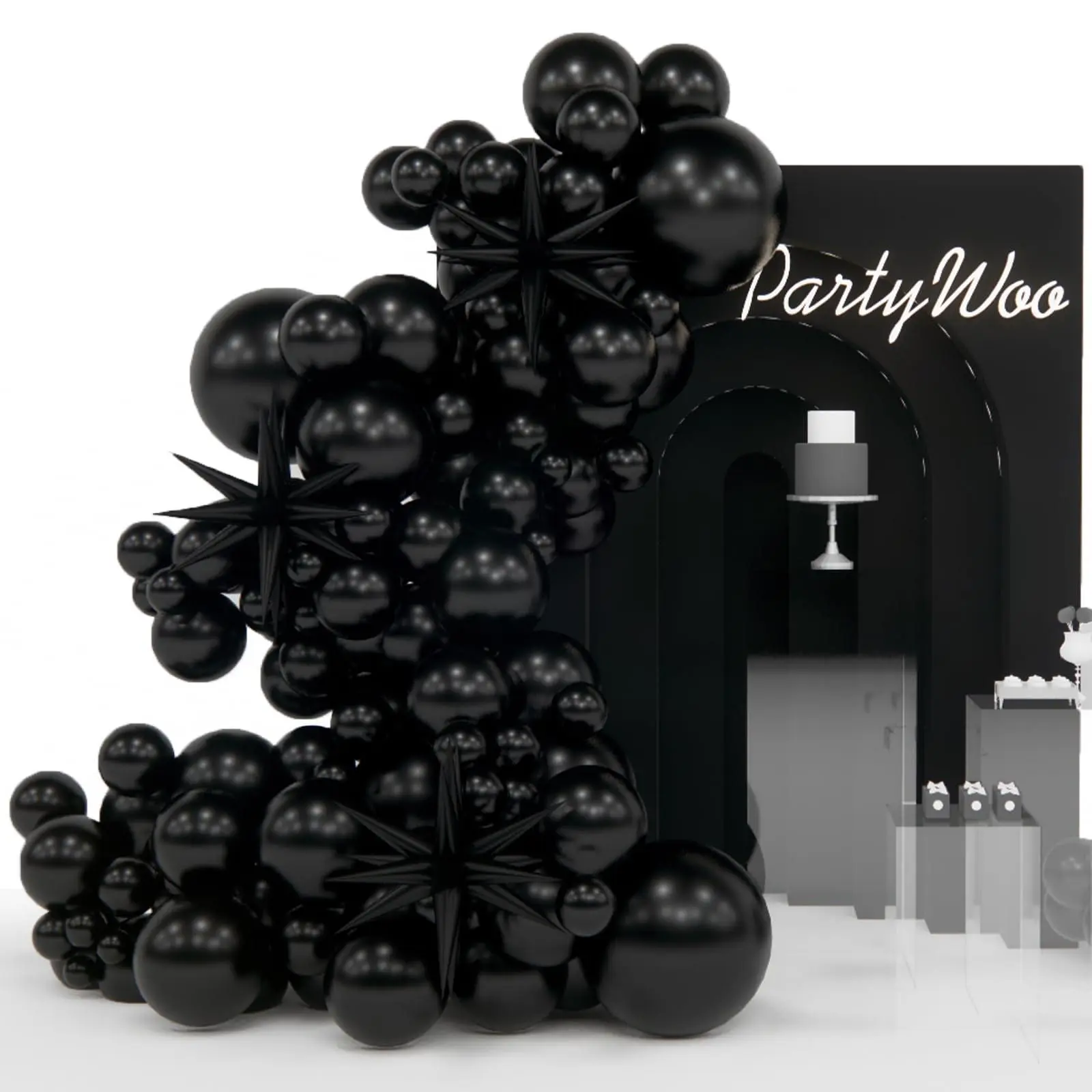 PartyWoo Black Aluminium Round Star Spike Latex Balloon Arch Kit, 110pcs Different Sizes (18-12-10-5 in) for Balloon Decor, Birthday Decor, Wedding Party Supplies Black-Y18