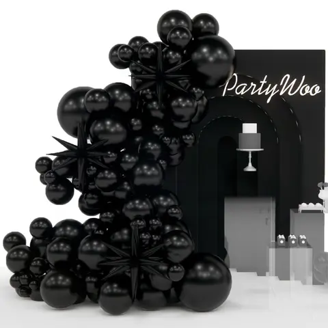 PartyWoo Black Aluminium Round Star Spike Latex Balloon Arch Kit, 110pcs Assorted Sizes (18-12-10-5 in) with 12 Inch & 5 Inch Balloons for Birthday, Anniversary, Graduation Ceremony Decor Supplies Black-Y18