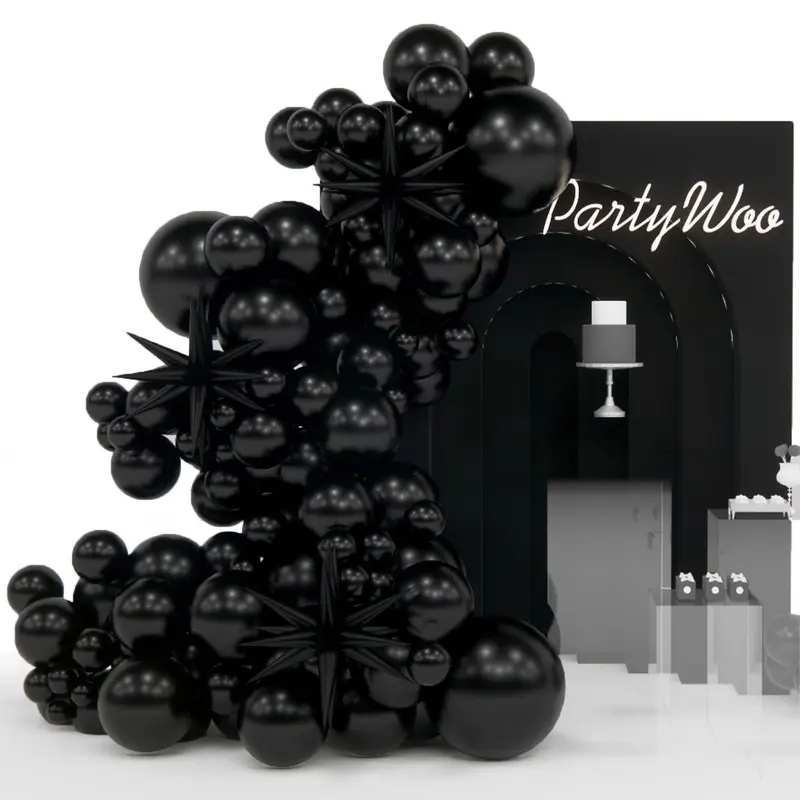 PartyWoo Black Aluminium Round Star Spike Latex Balloon Arch Kit, 110pcs Assorted Sizes (18-12-10-5 in) with 12 Inch & 5 Inch Balloons for Birthday, Anniversary, Graduation Ceremony Decor Supplies Black-Y18