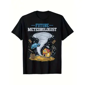 ' Future Meteorologist Tornado & Weather Graphic Tee - 100% Cotton Black Short Sleeve Shirt with Tornado, Storm Chaser RV & Tornado Scale Chart Design - Casual Everyday & STEM Learning Outfit for Boys & Girls (Machine Washable) - Retro Style Round Neck Fu