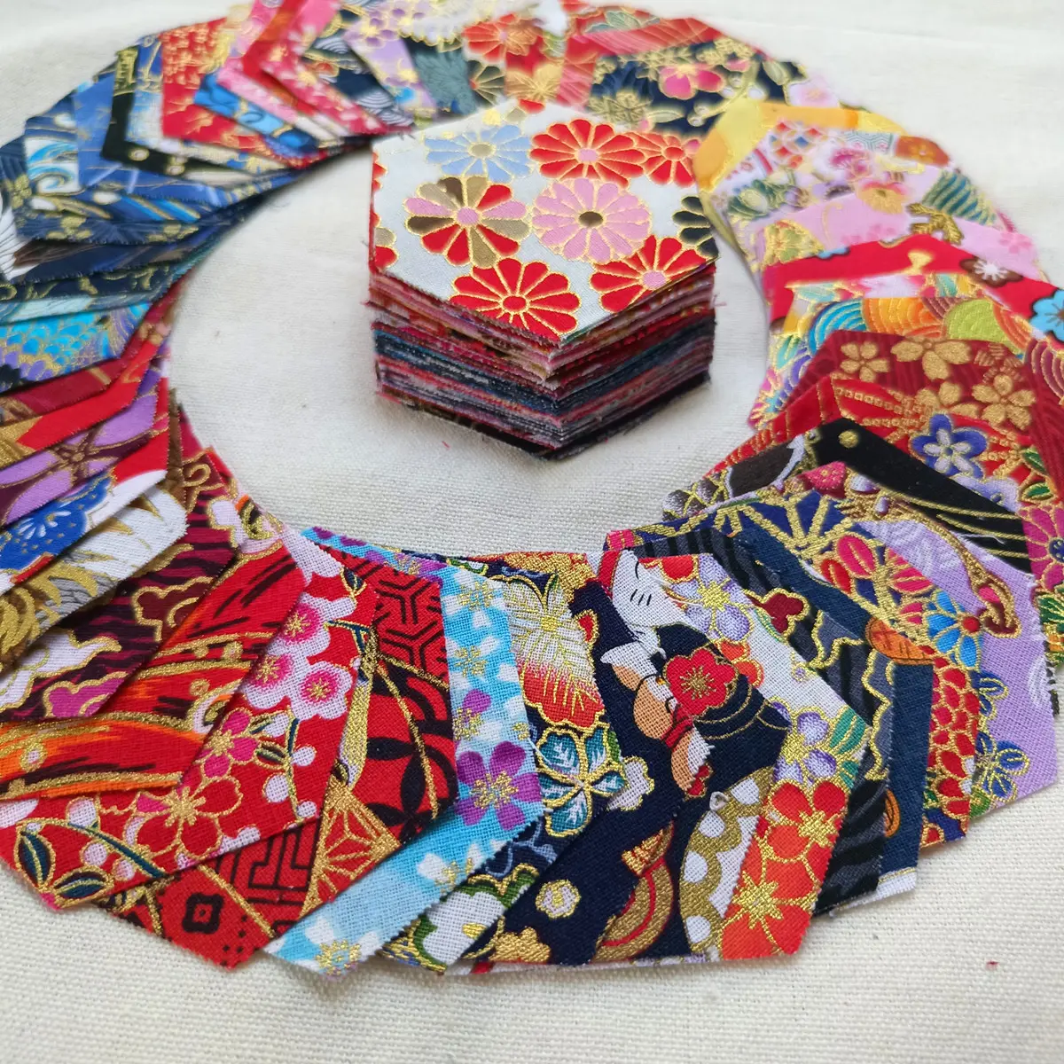 100 PRE-CUT Hexagon Fabric Pieces! GORGEOUS Gold-Foil Japanese Floral Prints — DIY Quilting & Grandmother’s Garden Project DREAM