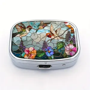 Hummingbird Polypropylene Pill Box with 2 Compartments, Mini Decorative Portable Travel Container for Pills and Vitamins, Wallet-Size Organizer