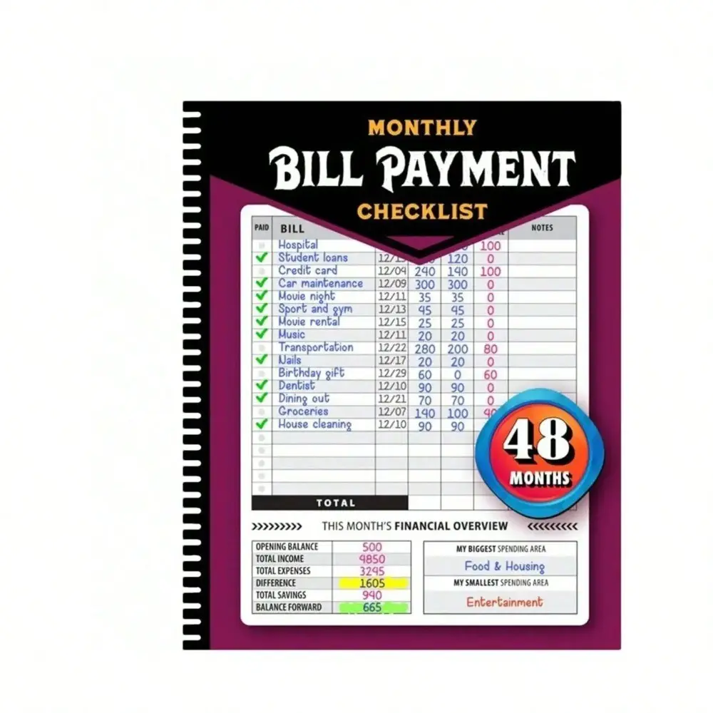 Monthly Bill Payment Checklist, Bill Tracker Notebook, Monthly Bill Organizer, 4-Year Guide for Families & Money Managers, 960 Billing Records Included, Office Stationery Supplies