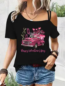 Women's Truck Heart Xo Print Casual Fitted Short Sleeve Top, Soft Elastic Versatile Summer Wear, Stylish Comfortable Daily