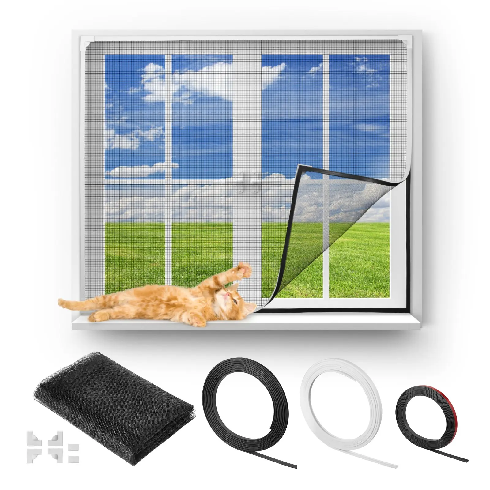 VEVOR CXSC001 Heavy Duty Customizable Magnetic Window Screen, 1-Piece 58.27x39.17in Width-Adjustable Window-Mounted Screen, 35% Fiberglass-PVC Mesh, White Frame, Black Strip, Wind Clips, 2.51 lbs, No-Drilling Easy Installation, Home Critter Blocker, Stron