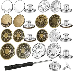 32 Sets Jeans Buttons Replacement, 17 Mm and 20 Mm No-Sew Removable Metal Buttons Replacement Repair Combo Thread Rivets and Screwdrivers in Storage Box, Women and Men'S Jeans Clothing Supplies tuojiny