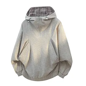 Spring/Summer youth structured half-zip cardigan jacket in a preppy high-street style, loose-fit varsity hoodie outerwear with a fashionable plaid design and a premium feel; versatile hooded long-sleeve zip-up for both men and women.